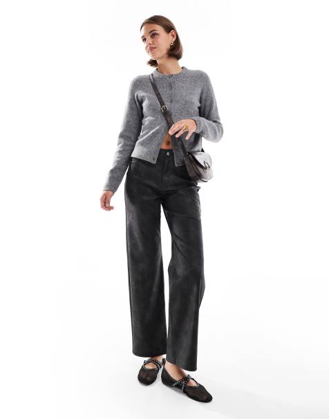 ONLY - Broek met rechte pijpen en hoge taille van imitatieleer in zwart met wassing - view 1