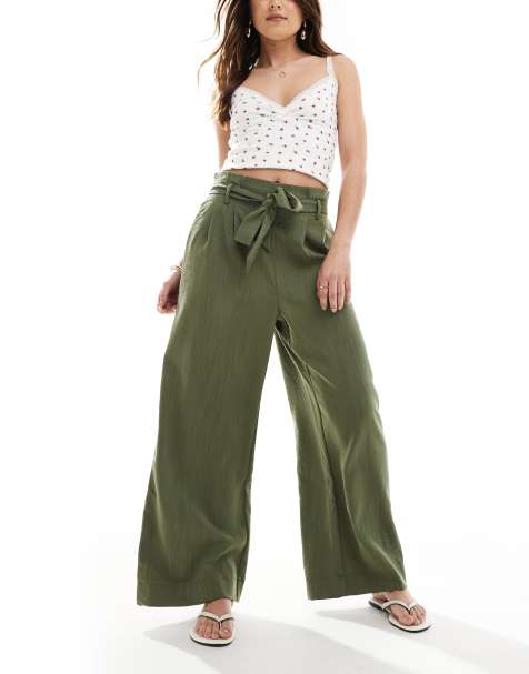 ONLY - Broek met wijde pijpen en gestrikte taille in kaki - view 1