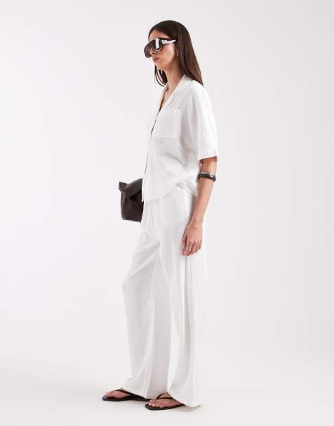 ONLY - Broek met wijde pijpen van kaasdoek in wit, deel van co-ord set - view 1