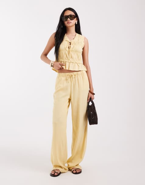ONLY - Broek van linnenmix met elastische taille in lichtgeel, deel van co-ord set - view 1