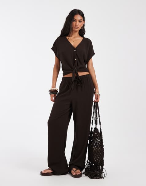 ONLY - Broek van linnenmix met wijde pijpen en elastische taille in bruin, deel van co-ord set - view 1