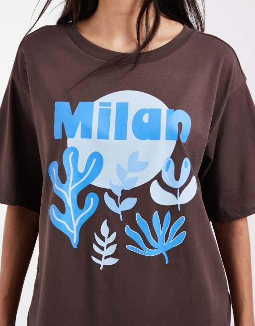 ONLY – Brun t-shirt i oversize med Milan-tryck, 3 av 4