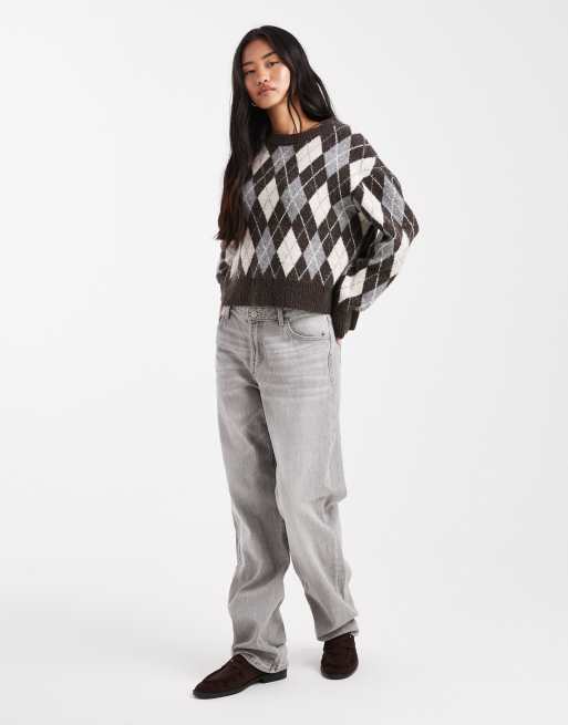 ONLY brushed knit sweater in brown argyle, 2 of 4