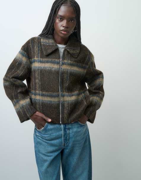ONLY brushed zip through jacket in brown check - view 1