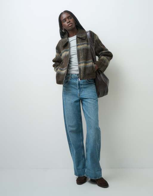 ONLY brushed zip through jacket in brown check, 2 of 4