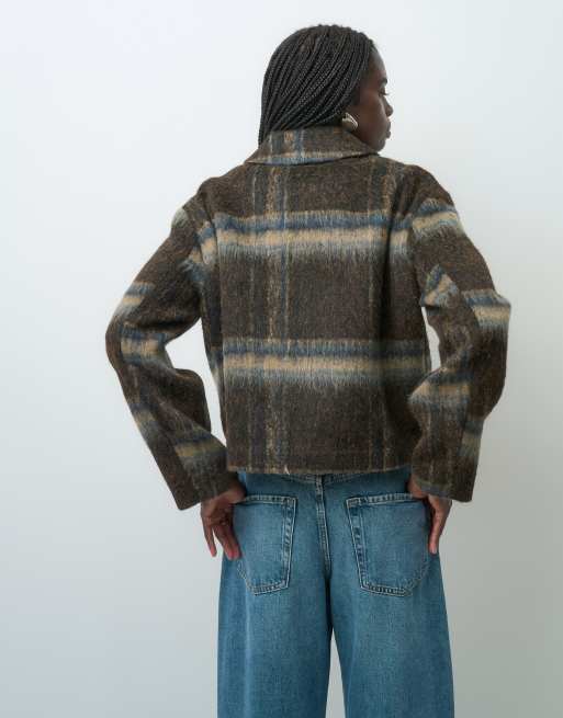 ONLY brushed zip through jacket in brown check, 4 of 4