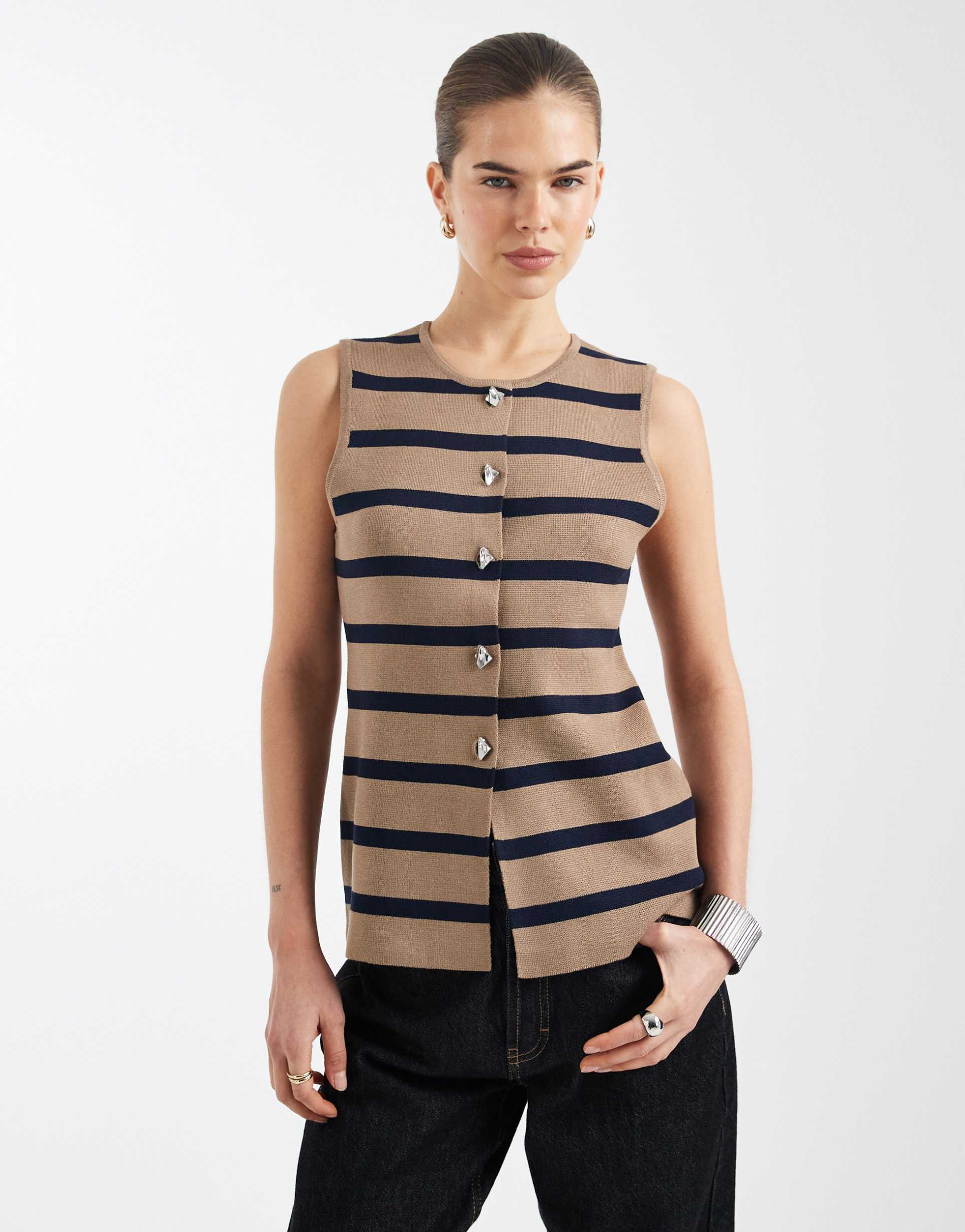 only button detail knit tank top in brown & blue stripe