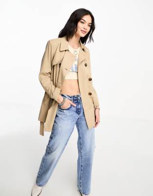 button detail short trench coat in beige-Neutral