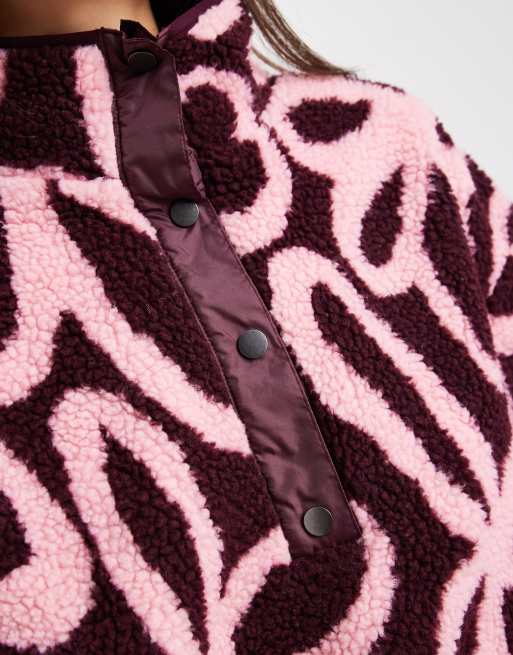 ONLY button down borg fleece in burgundy floral, 3 of 4