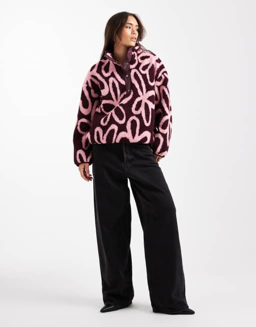 ONLY button-down borg fleece jumper in burgundy floral, 2 of 4