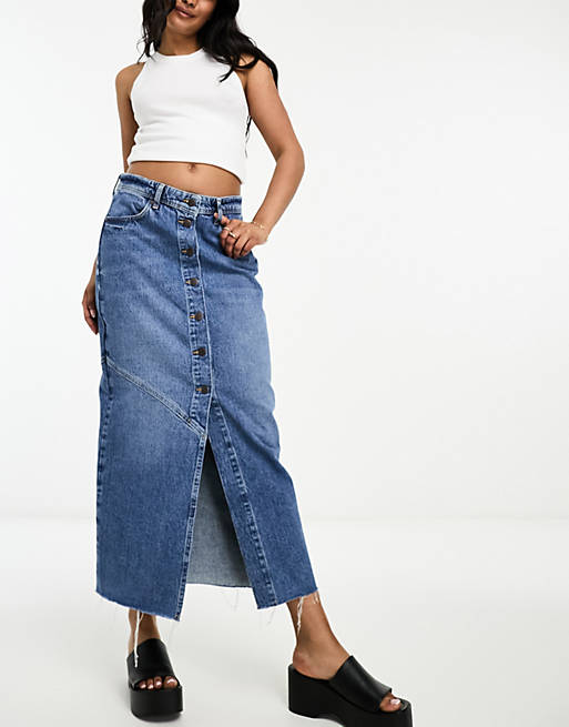 Only button down denim maxi skirt in mid blue | ASOS