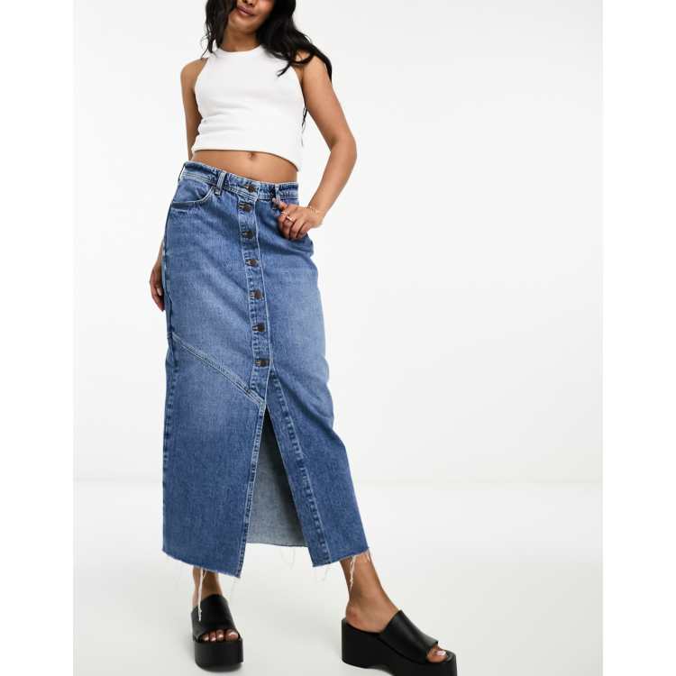 Long jean button outlet up skirt