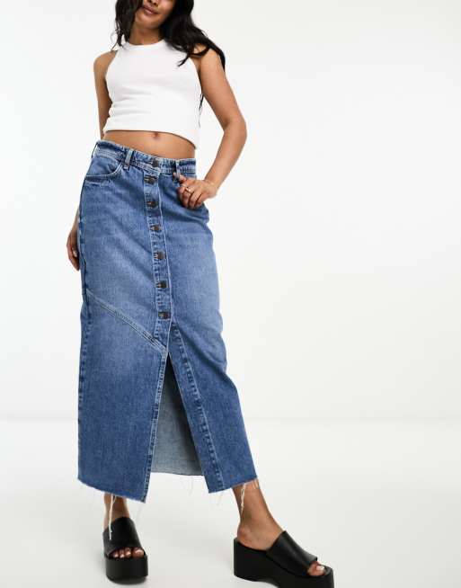 Only button maxi | mid blue skirt in denim ASOS down