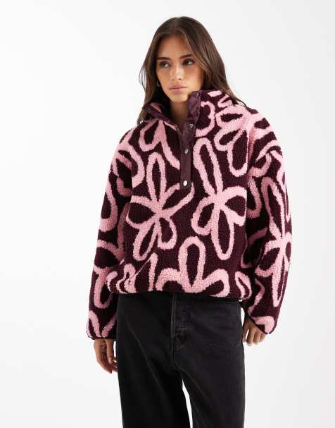 ONLY button down faux shearling fleece in burgundy floral - view 1