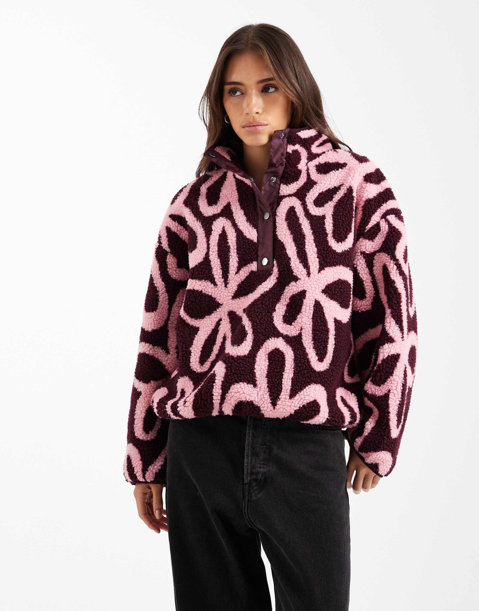 only button down faux shearling fleece in burgundy floral