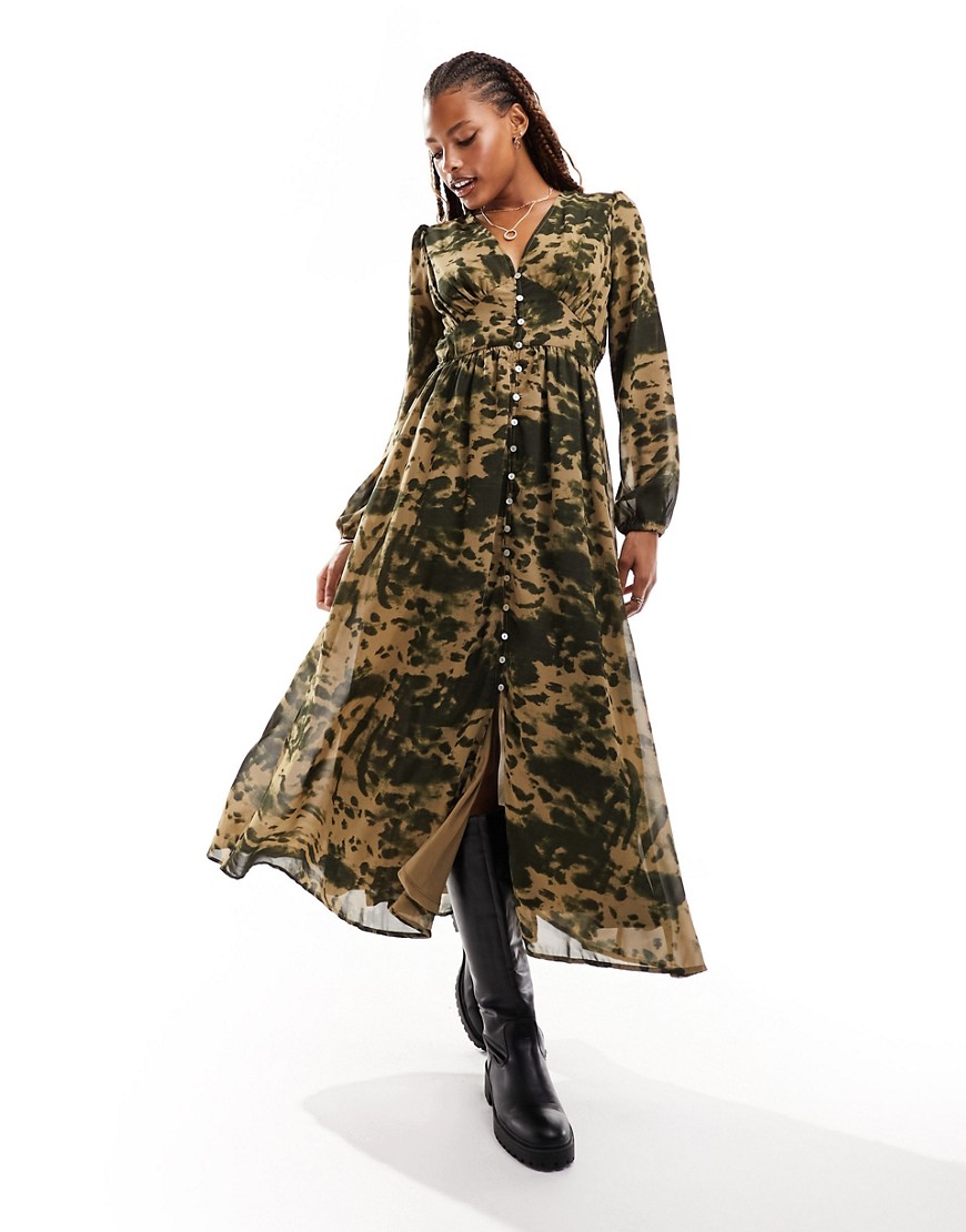 Only Button Down Maxi Dress In Khaki Abstract Animal-multi