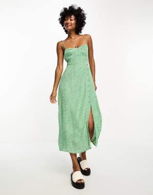 Only button down side midi dress in green micro leo print