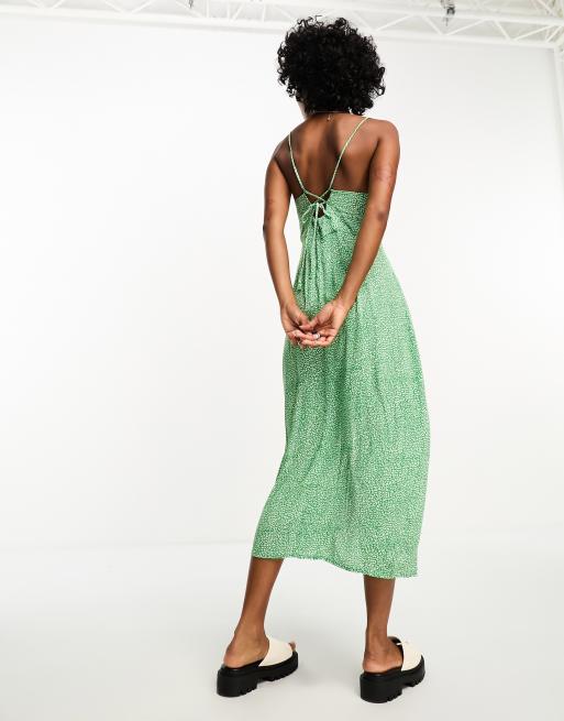 Only button down side midi dress in green micro leo print