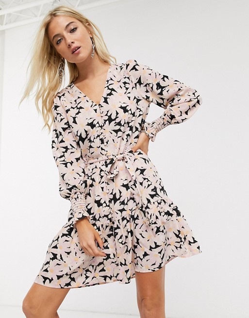 Only button front mini dress in floral print