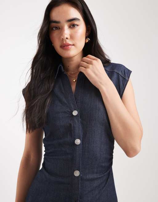 ONLY button through denim midi dress in dark blue, 3 of 4