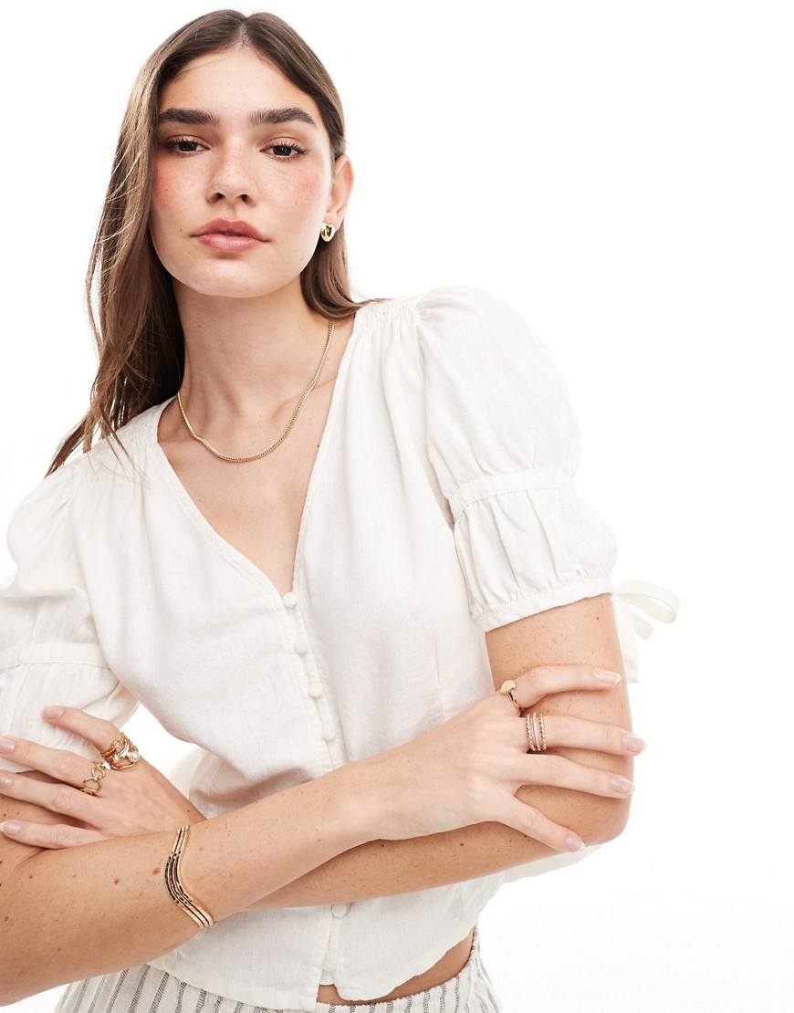 ONLY button through linen mix blouse in cream-White