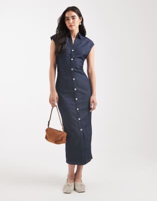 button up denim midi dress in dark blue