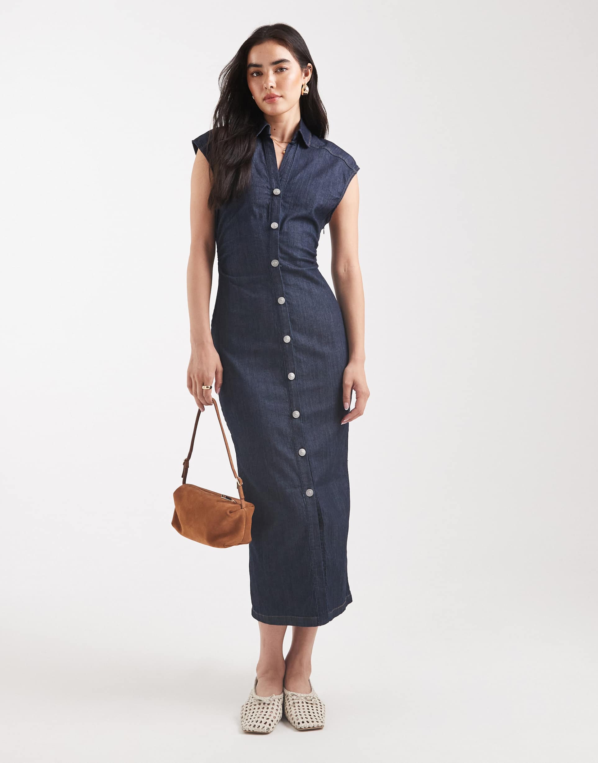 only button up denim midi dress in dark blue