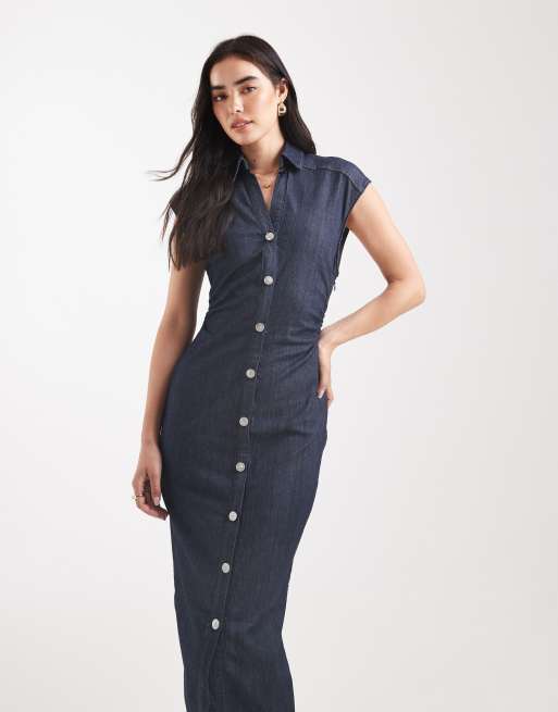 ONLY button up denim midi dress in dark blue