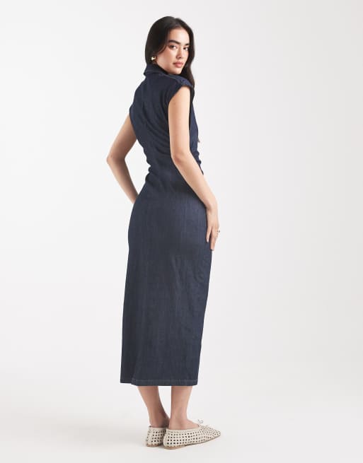 ONLY button up denim midi dress in dark blue