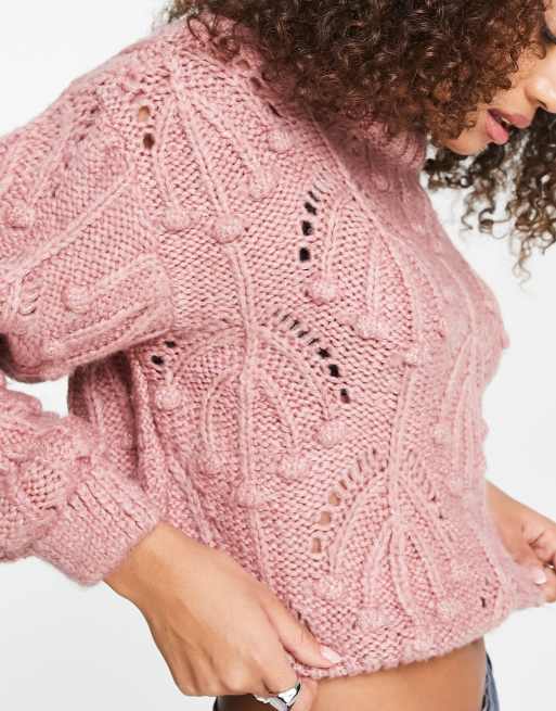 Only cable knit pom pom trim jumper in rose pink ASOS