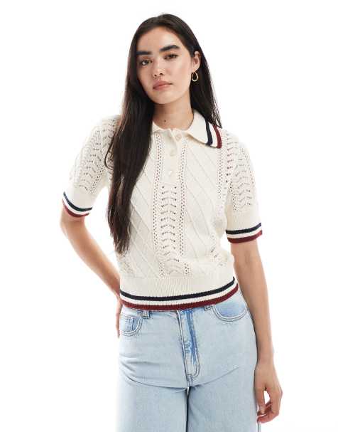 ONLY cable knit short sleeve polo with stripe detail in beige - view 1