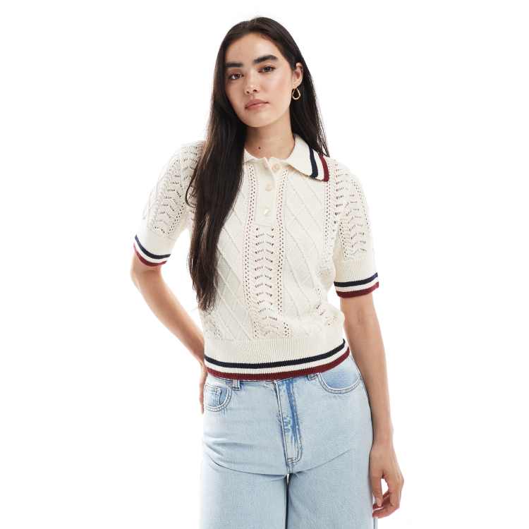 ONLY cable knit short sleeve polo with stripe detail in