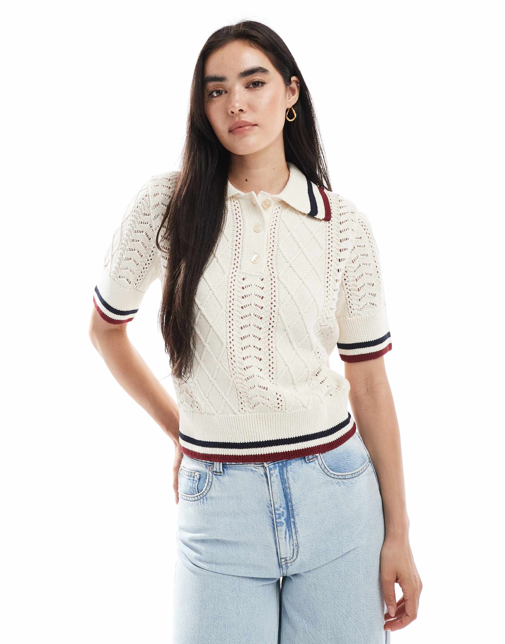 only cable knit short sleeve polo with stripe detail in beige