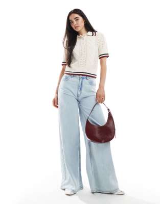 Only Cable Knit Short Sleeve Polo With Stripe Detail In Neutral