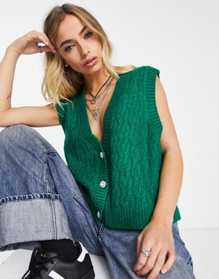 Only cable knit vest with crystal buttons in bright green