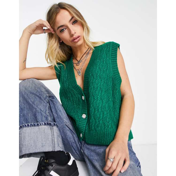 Only cable knit vest with crystal buttons in bright green | ASOS