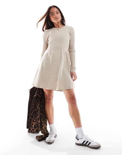 ONLY cable knitted mini skater dress in beige, 2 of 4