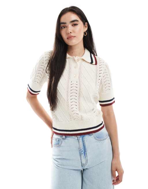 ONLY cable knitted short sleeve polo with stripe in beige