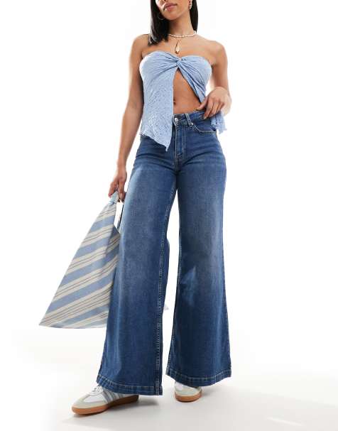 ONLY California mid waist super wide leg jeans in dark blue denim
