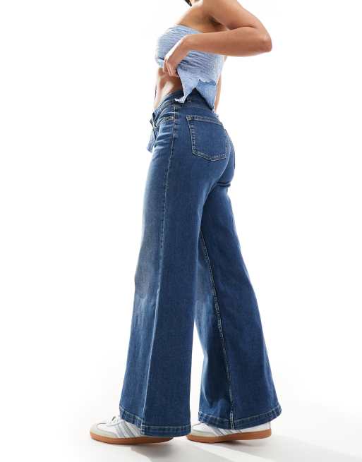 ONLY California mid waist super wide leg jeans in dark blue denim
