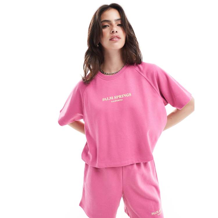 ONLY California print boxy short sleeve sweat top co ord in pink ASOS