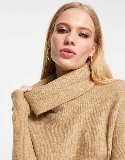 Only – Camelowa dzianinowa sukienka mini z odwijanym golfem, 2 z 4