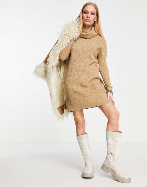 Only – Camelowa dzianinowa sukienka mini z odwijanym golfem, 3 z 4
