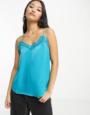 Only Cami Tank Top With Lace Trim In Blue