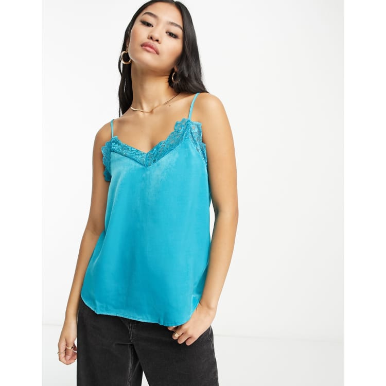 Only cami tank top with lace trim in blue