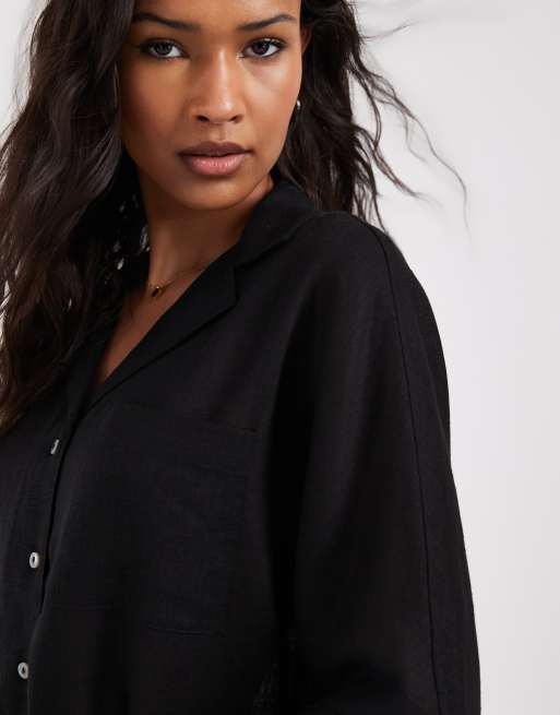 Only - Camicia a maniche corte in misto lino nera in coordinato, 3 di 4