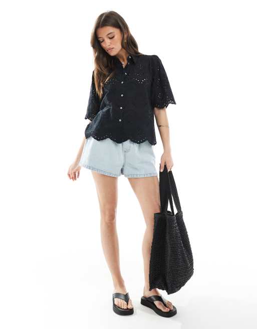 ONLY - Camicia a maniche corte nera traforata, 3 di 4