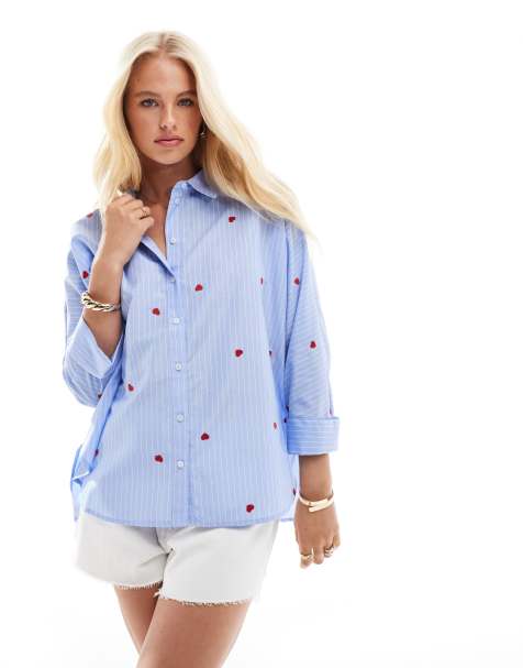 ONLY - Camicia blu a righe con cuoricini ricamati - view 1