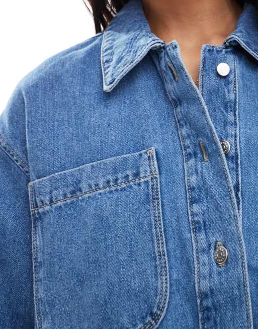 ONLY - Camicia corta squadrata in denim blu lavaggio medio, 3 di 4