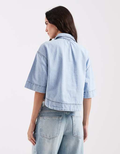 ONLY - Camicia di jeans squadrata corta lavaggio chiaro, 4 di 4
